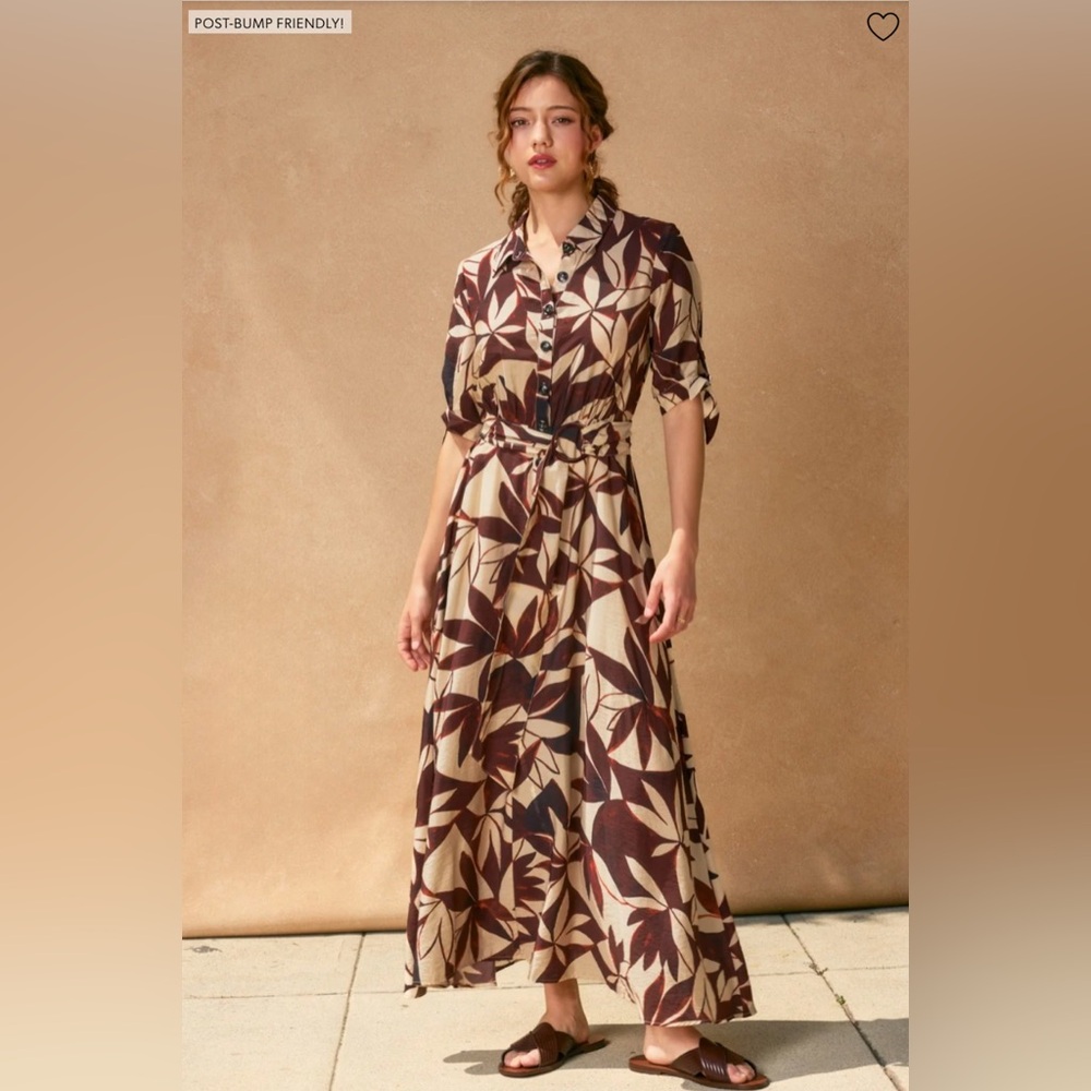 Pinkblush Brown Leaf Print Maternity Maxi Shirt Dress - Small